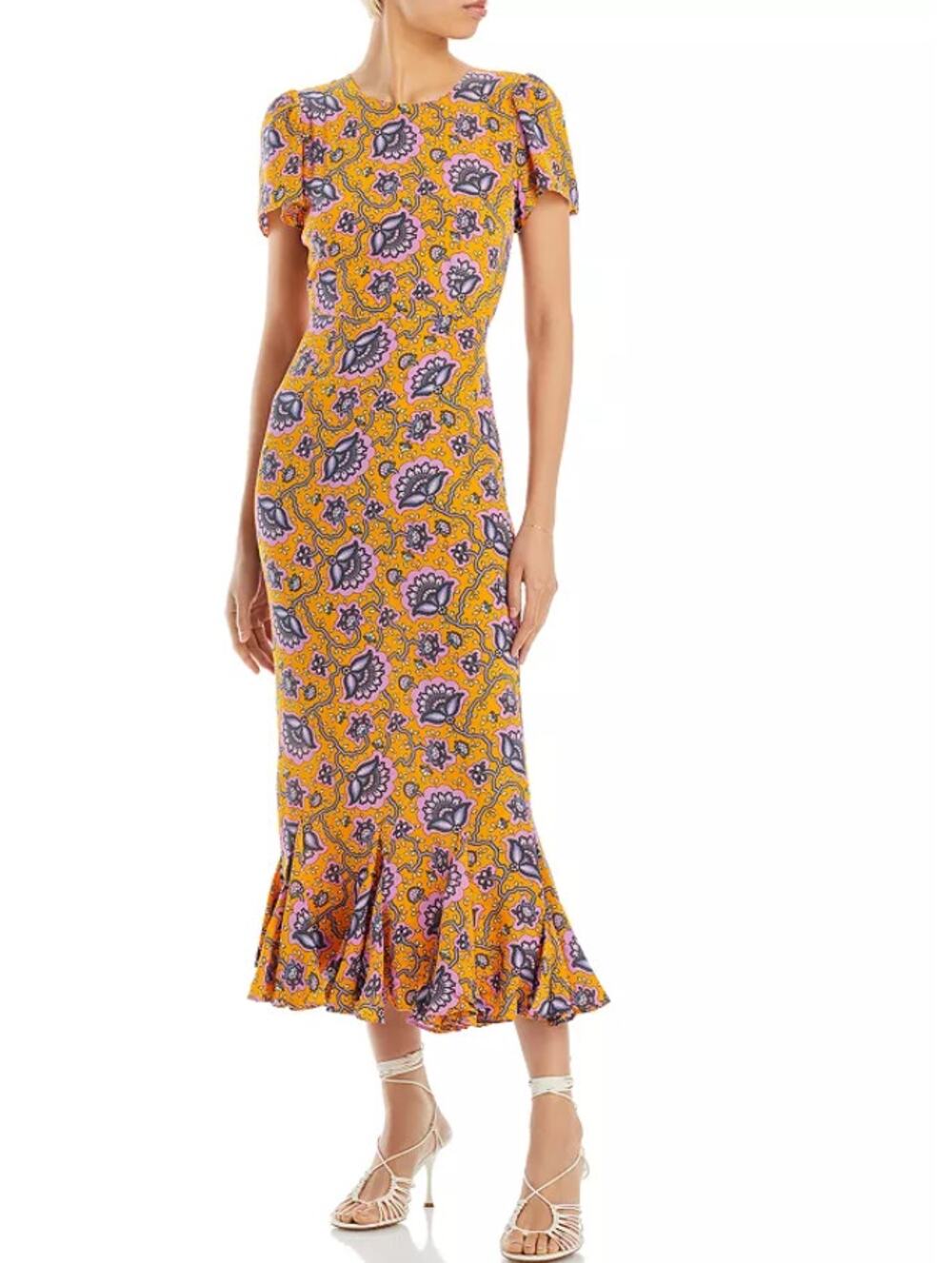 RHODE Lulani Dress Orange Ikat Floral Print Ruffle Midi Dress 0 NEW